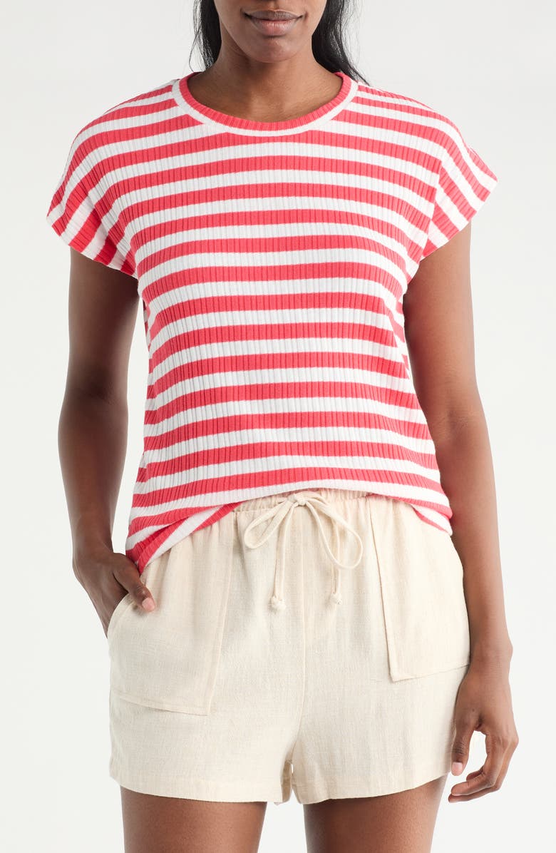 Bobeau Relaxed Drop Shoulder T-Shirt, Main, color, Hibiscus/ Ivory Stripe