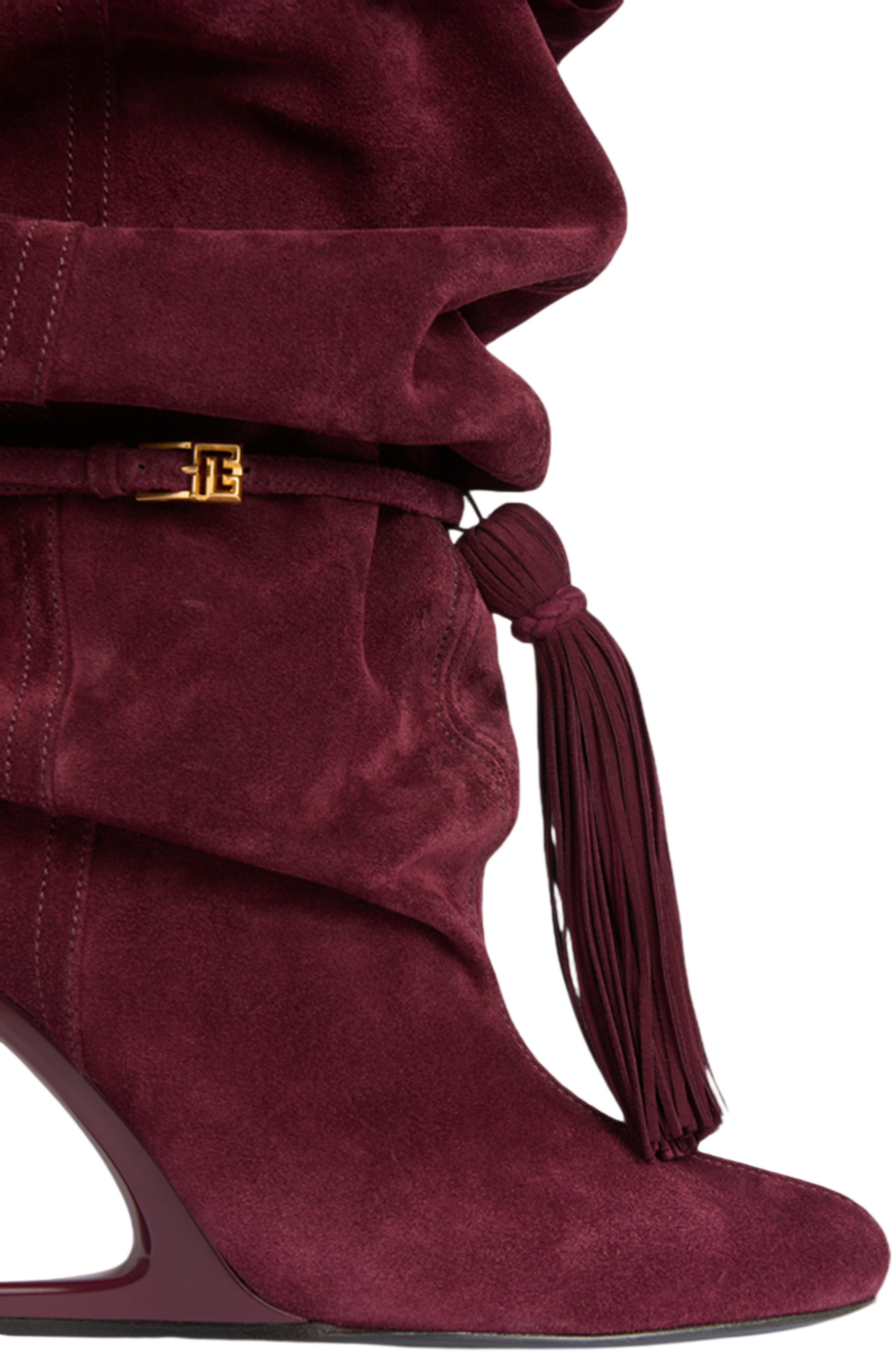 Balmain No Wedge suede leather thigh-high boots with tassel, Alternate, color, Red