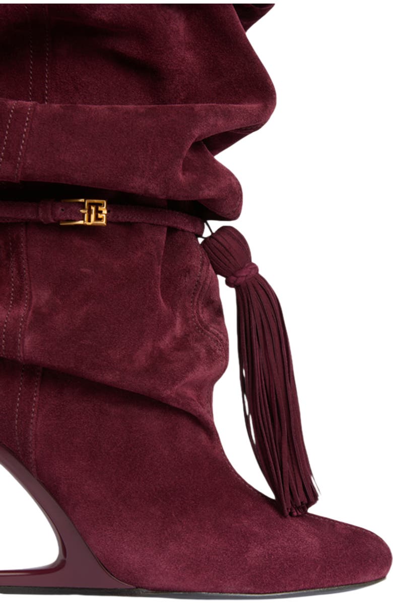 Balmain No Wedge suede leather thigh-high boots with tassel, Alternate, color, Red
