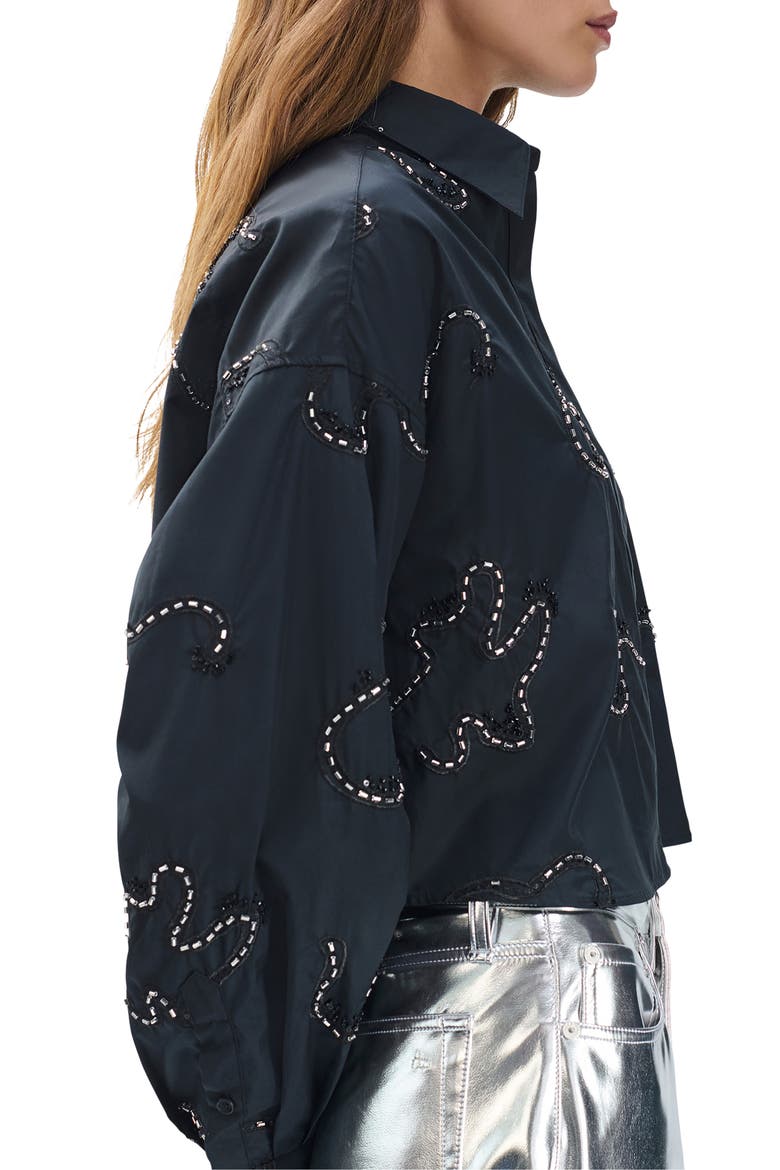 Beatrice Beaded Embroidered Button-Up Shirt, Alternate, color, BLACK EMBROIDERED