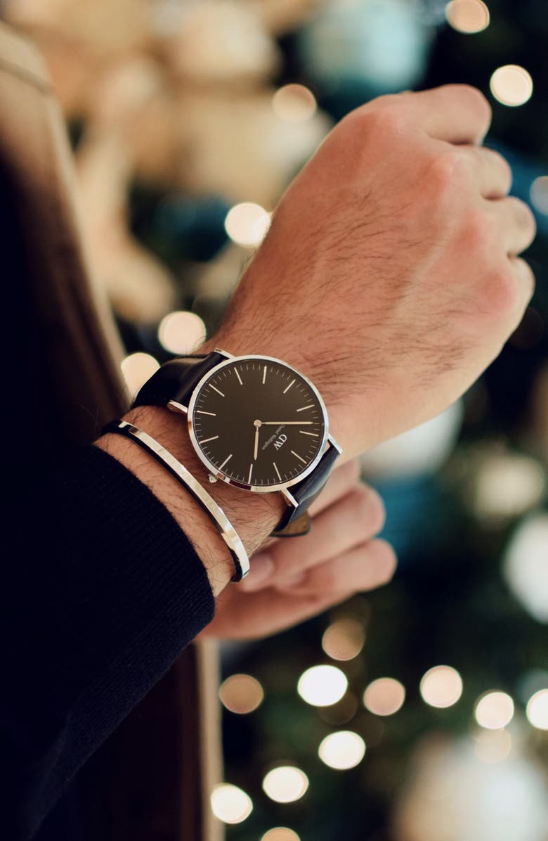 Daniel Wellington Classic Sheffield Leather Strap Watch, 40mm, Alternate, color, Silver/ Black