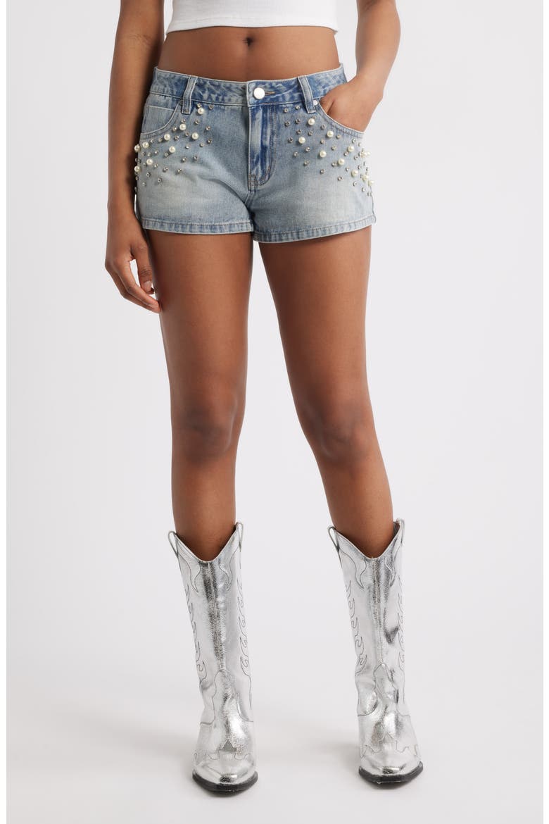 Ruby Imitation Pearl & Rhinestone Detail Denim Shorts, Main, color, LIGHT WASH