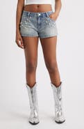 PTCL Ruby Imitation Pearl & Rhinestone Detail Denim Shorts