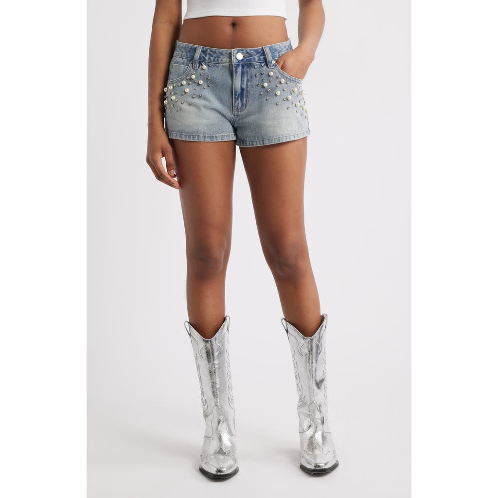 Ptcl Ruby Imitation Pearl & Rhinestone Detail Denim Shorts In Brown