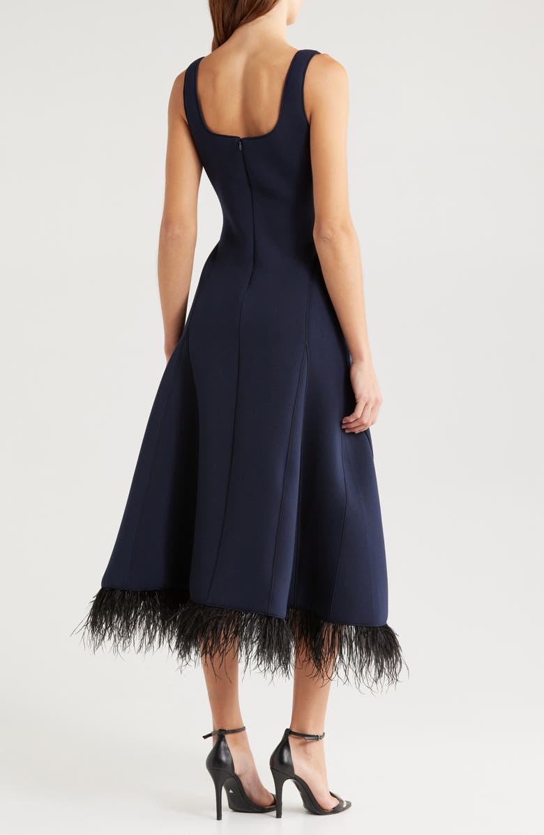 Du Paradis Brussels Feather Trim Midi Dress, Alternate, color, Navy Black
