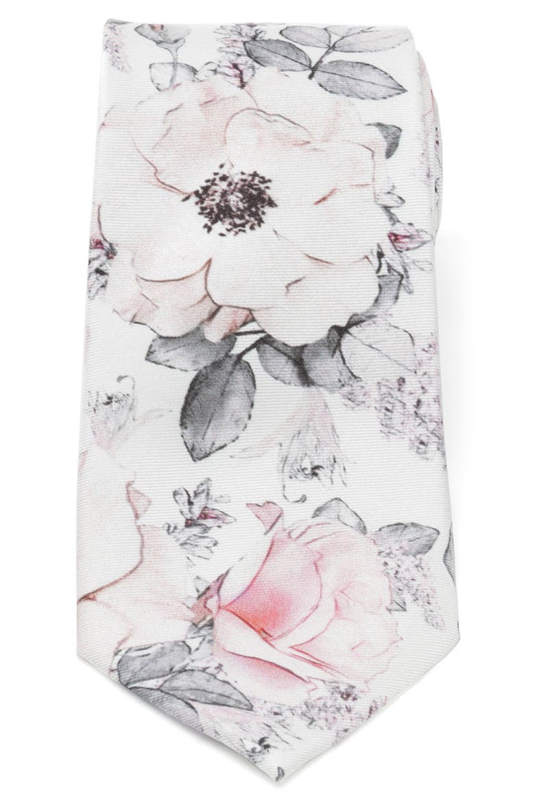 Painted Floral Silk Tie, Alternate, color, GREY