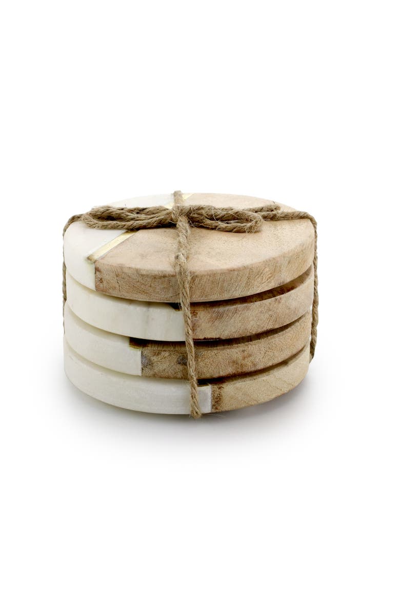 Gibson Elite Pinehurst 4 Piece 4 Inch Inlaid Marble and Wood Coaster, Main, color, Beige