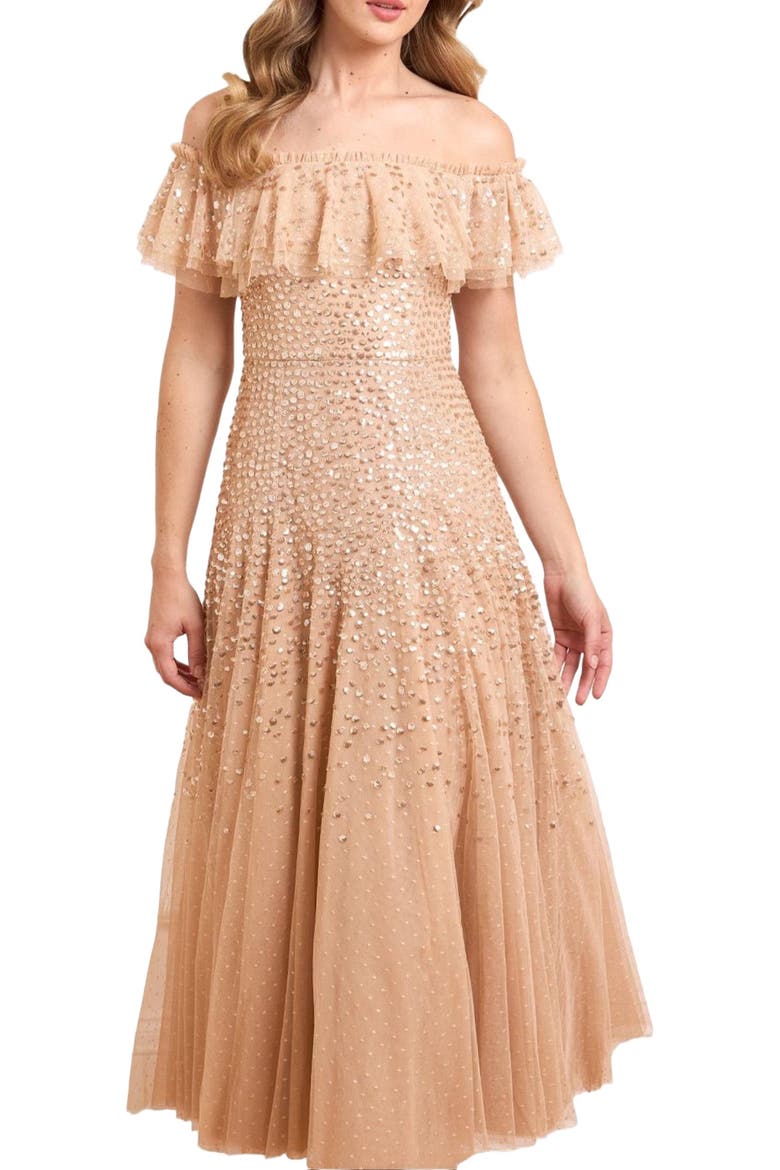 Dappled Sequin Off-Shoulder Ankle Gown, Main, color, Butterscotch