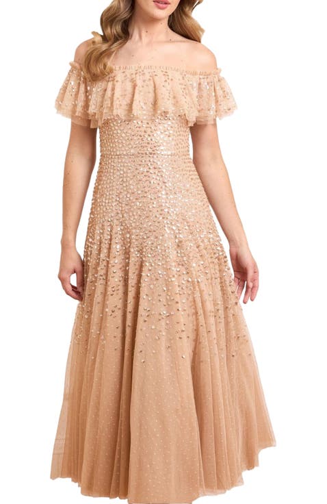 Dappled Sequin Off-Shoulder Ankle Gown