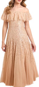 Needle & Thread Dappled Sequin Off-Shoulder Ankle Gown