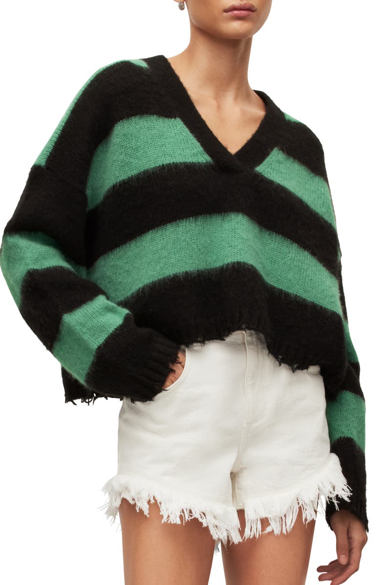 AllSaints Lou Stripe Crop Sweater, Main, color, Black/ Apple Green