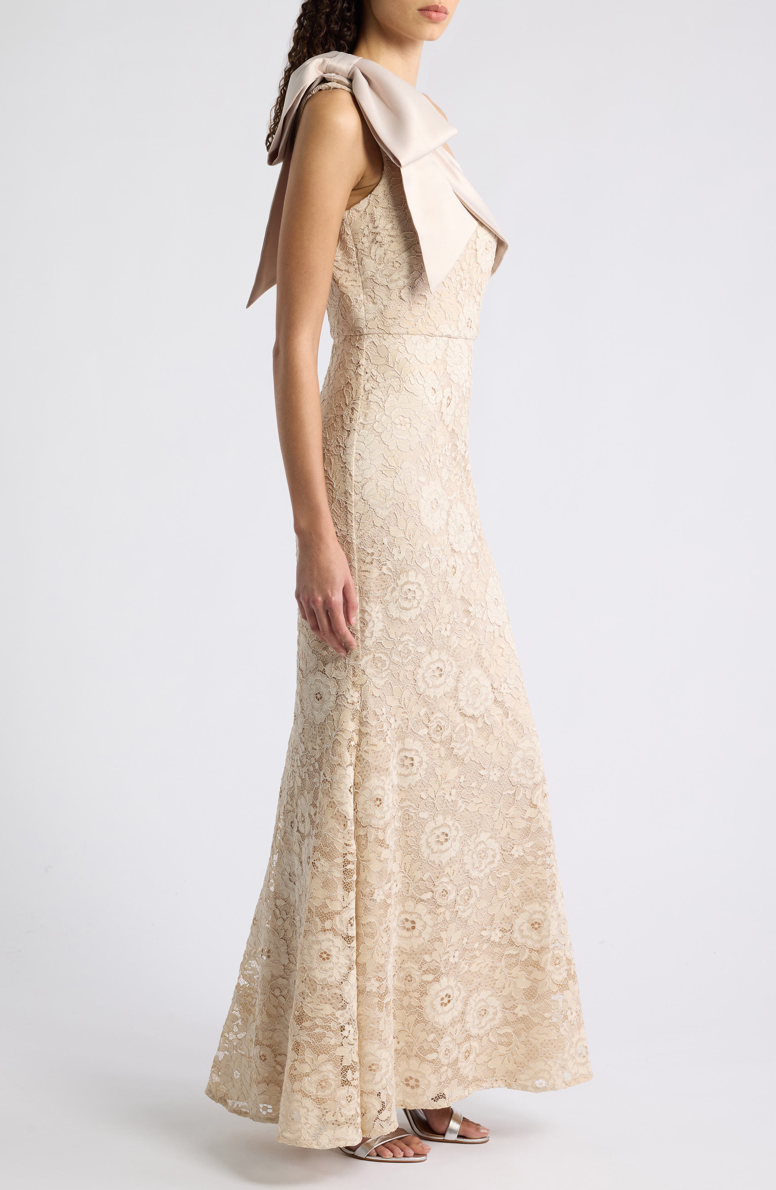 Eliza J One Shoulder Bow Metallic Lace Gown (Women) | Nordstrom