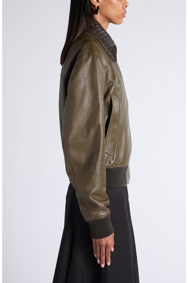 Intrecciato Collar Leather Jacket, Alternate, color, 3476 WADER GREEN