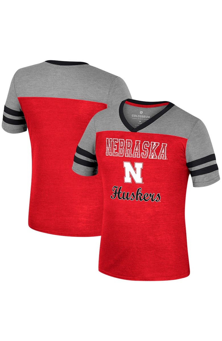 COLOSSEUM Girls Youth Colosseum Scarlet/Heather Gray Nebraska Huskers Summer Striped V-Neck T-Shirt, Alternate, color, 
