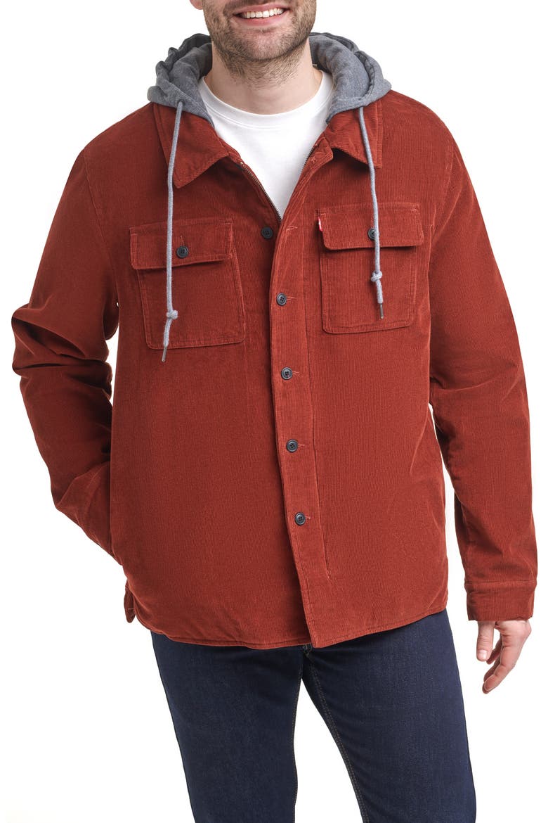 Levi's® Faux Shearling Lined Hooded Corduroy Shirt Jacket, Main, color, RUST