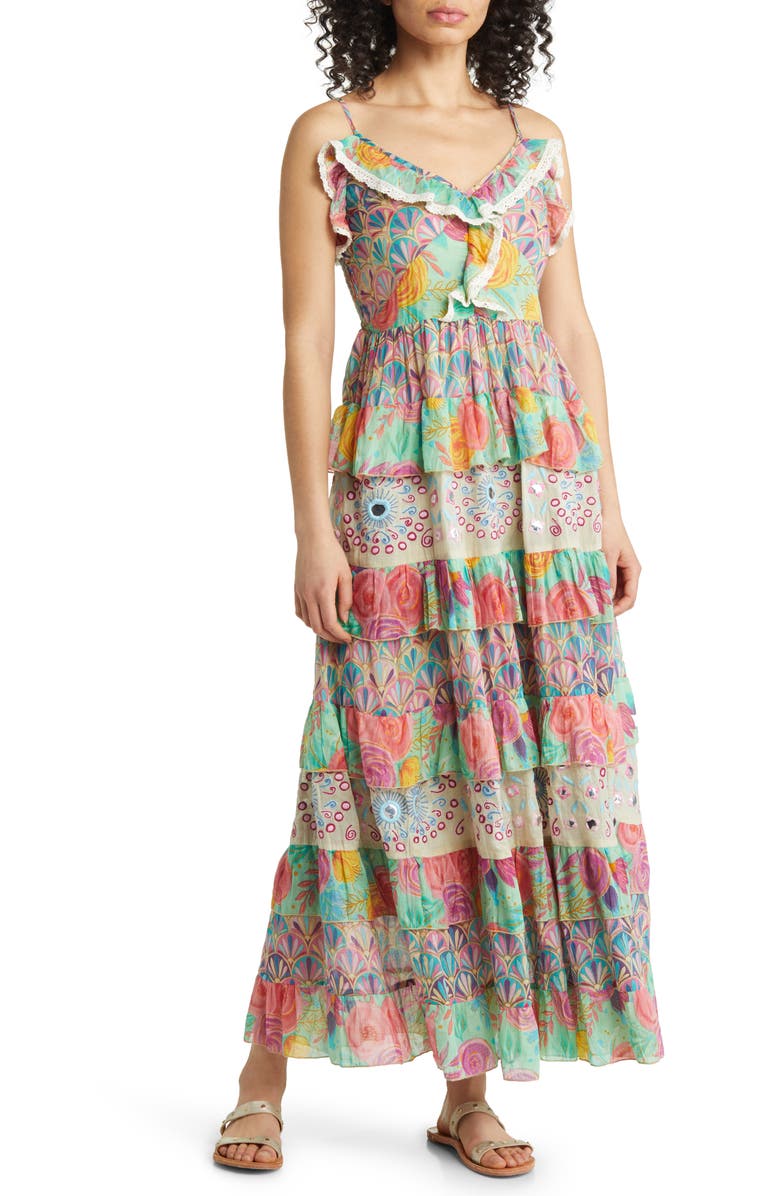 BAROK PARIS Mixed Print Tiered Cotton Maxi Dress, Main, color, 