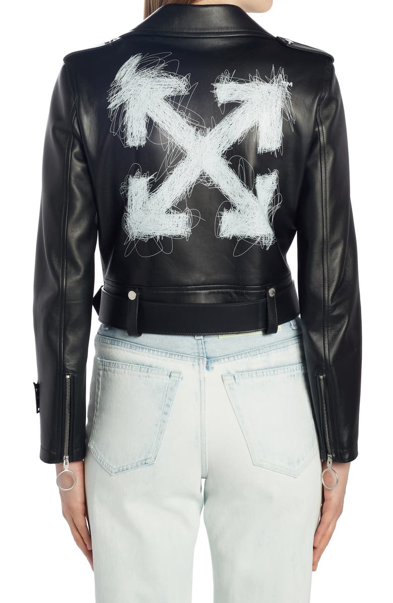 Off-White Pen Arrows Leather Crop Biker Jacket, Alternate, color, 