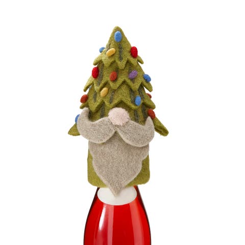 Merry Tree Gnomie Bottle Topper Christmas Decor Green Wool