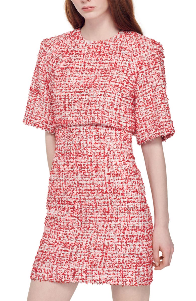 SANDRO Overlay Metallic Tweed Sheath Dress, Alternate, color, Rouge