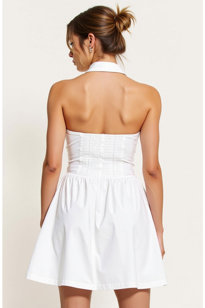 Embroidered Waist Button-Front Halter Mini Dress with Smocked Open Back, Alternate, color, White