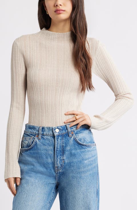 Open Stitch Linen Blend Mock Neck Sweater