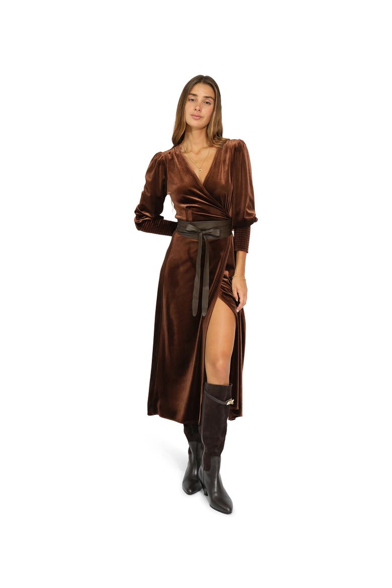 Current Mood Velvet Wrap Dress, Alternate, color, Dark Brown