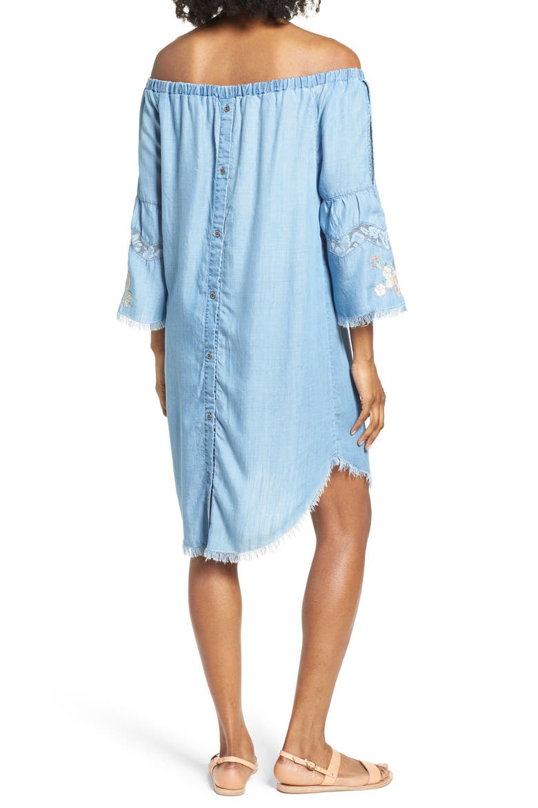 Off the Shoulder Denim Dress, Alternate, color, BLUE