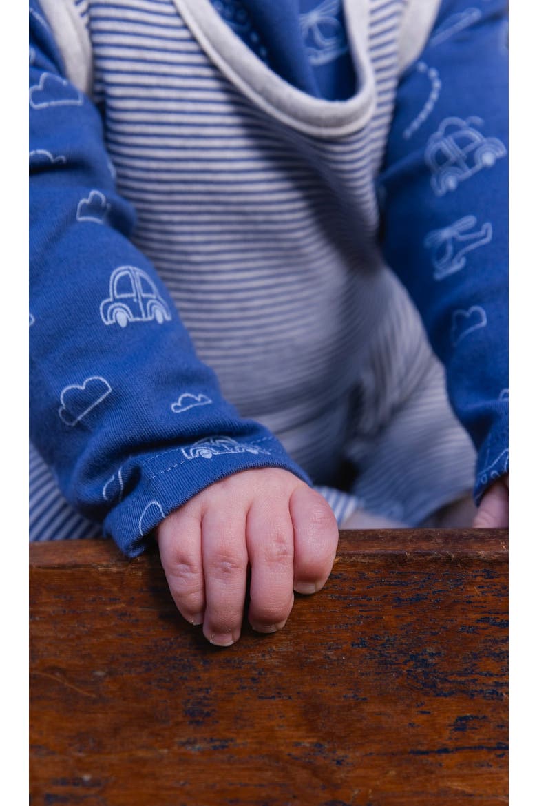 Boy Organic Cotton Romper and Striped Overall Set, Alternate, color, Blue Printed Transport