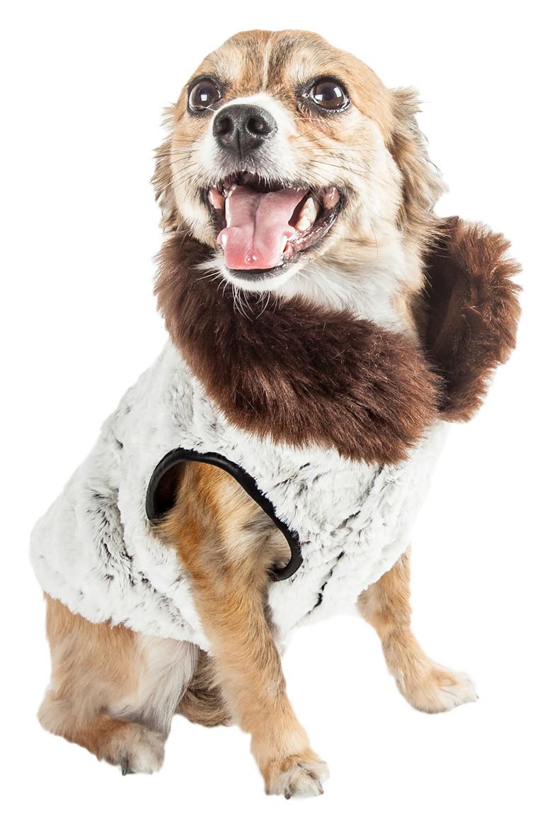 LUXE 'Purrlage' Designer Fur Dog Coat, Alternate, color, WHITE AND BROWN