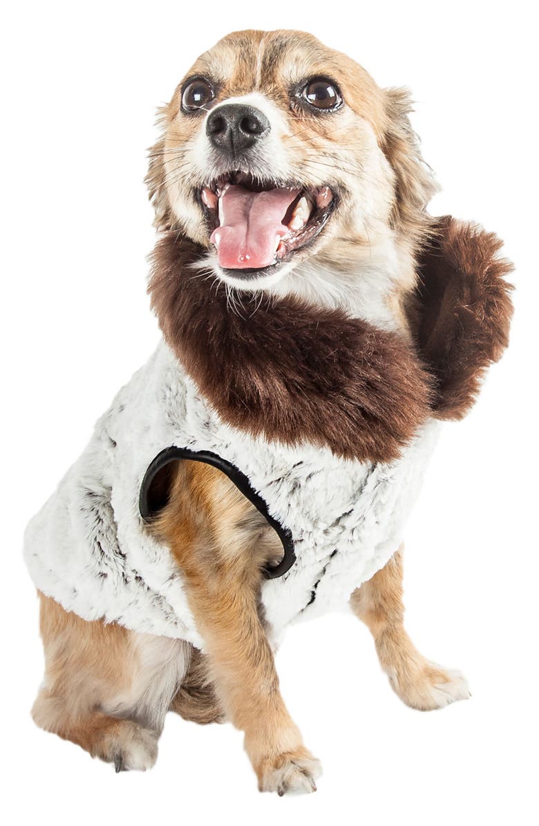PET LIFE LUXE 'Purrlage' Designer Fur Dog Coat, Alternate, color, White And Brown