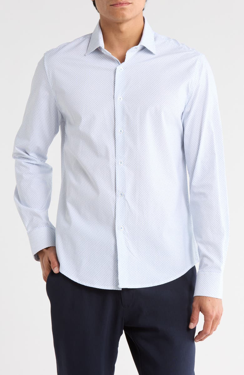 DENIM AND FLOWER Geometric Print Button-Up Shirt, Main, color, White