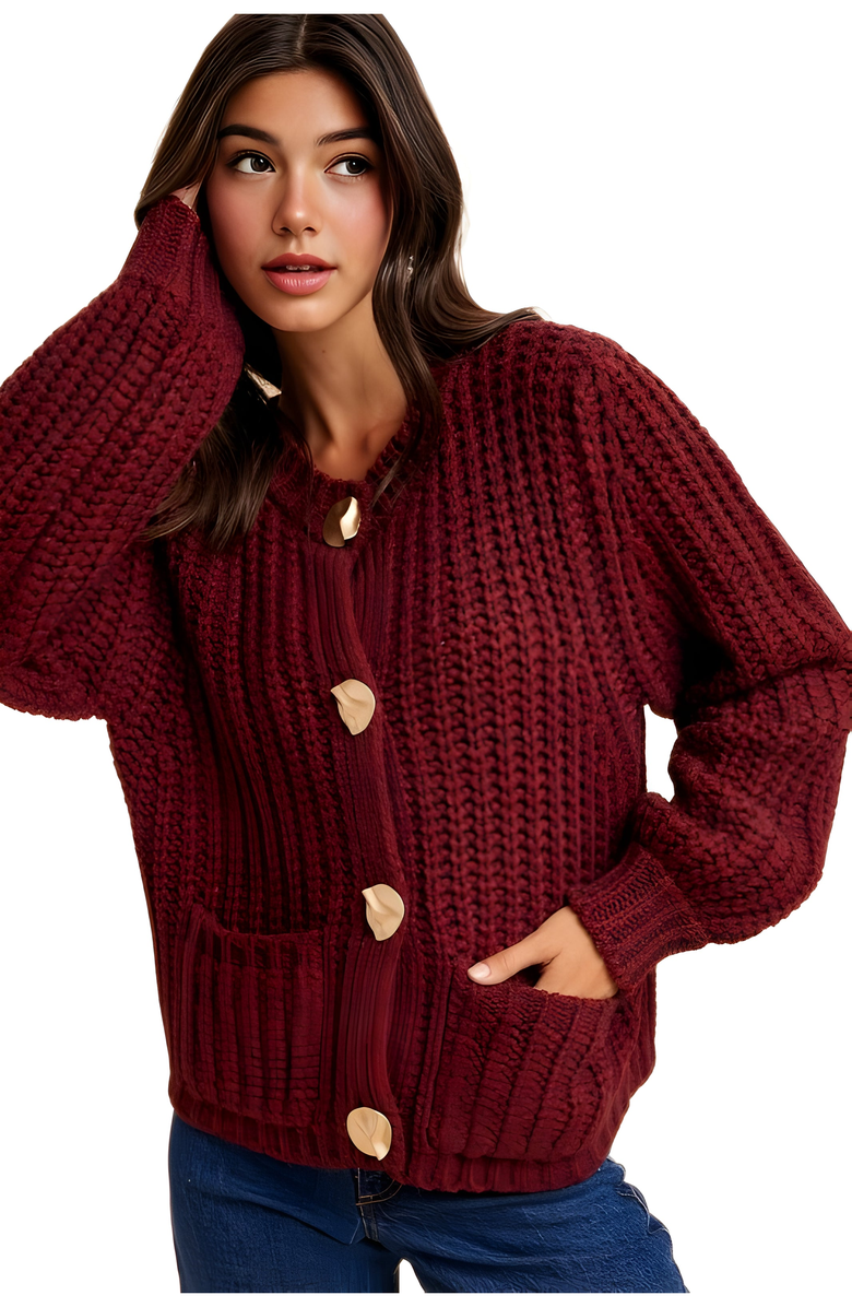 Knit and Lounge Chunky Knit Cardigan with Gold Buttons and Front Pockets, Alternate, color, Wine Red