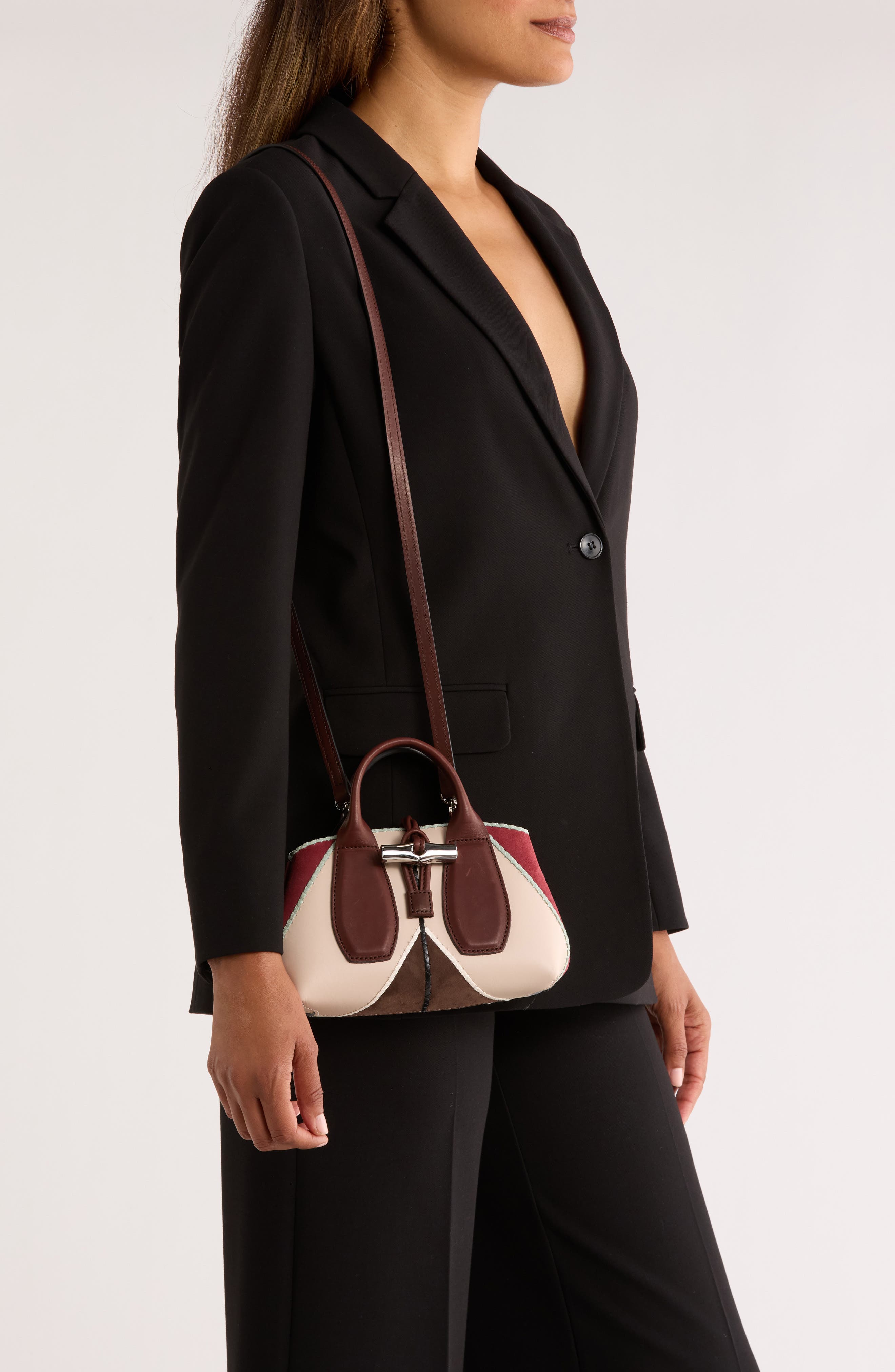 Longchamp Roseau Extra Small Top Handle Crossbody Bag, Alternate, color, Cream/ Brandy