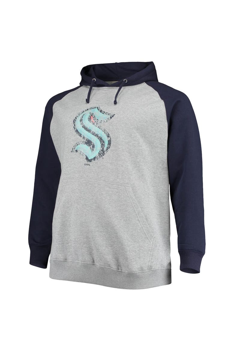Men's Fanatics Branded Heathered Gray/Deep Sea Blue Seattle Kraken Big & Tall Raglan Pullover Hoodie, Alternate, color, Heather Gray