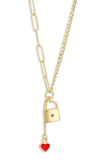 Meshmerise Heart & Lock Drop Pendant Necklace In Yellow