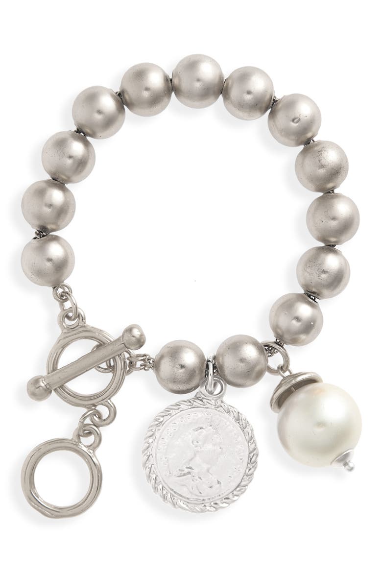 Coin & Pearl Ball Chain Bracelet, Main, color, SILVER