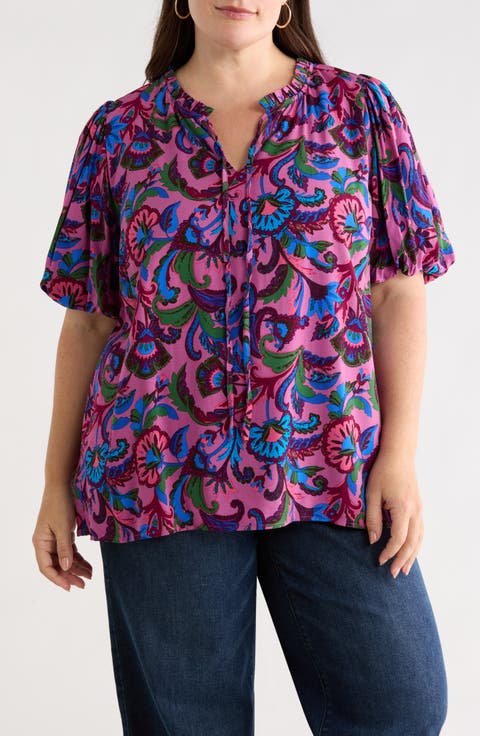Valier Floral Print Puff Sleeve Top (Plus)