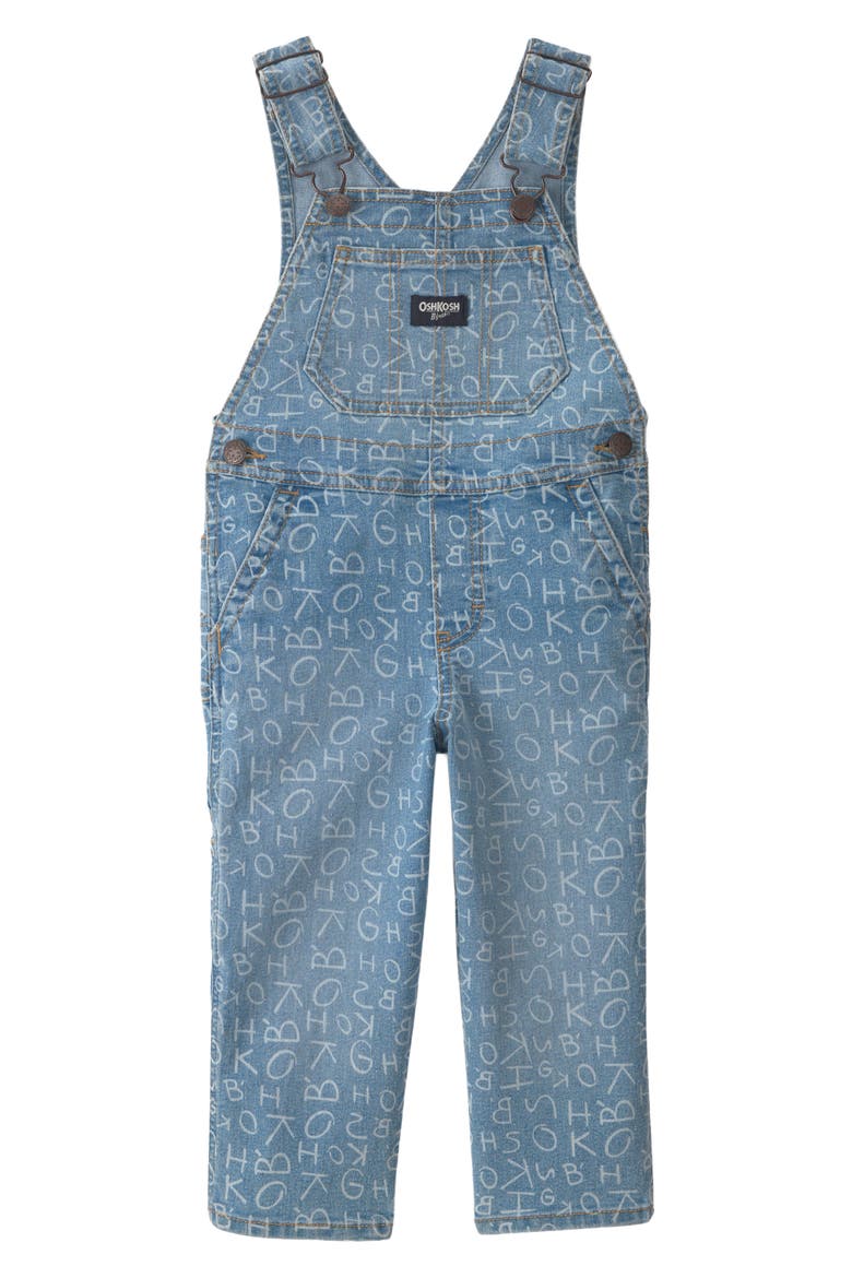 Kids' Alphabet Print Peached Twill Overalls, Main, color, DENIM ALPHABET OVERALL