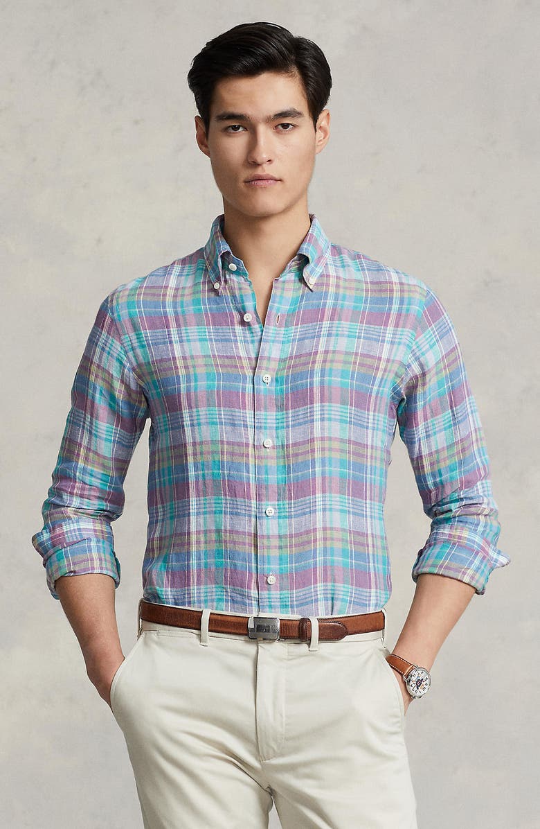 Polo Ralph Lauren Plaid Linen Button-Down Shirt, Alternate, color, Purple/ Blue Multi