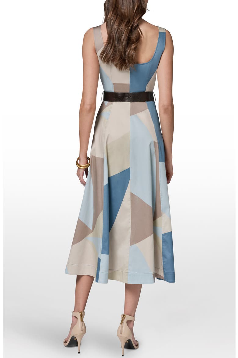 Abstract Pleated Sleeveless Belted Stretch Cotton Midi Dress, Alternate, color, WASHED INDIGO/ SEA MIST MULTI