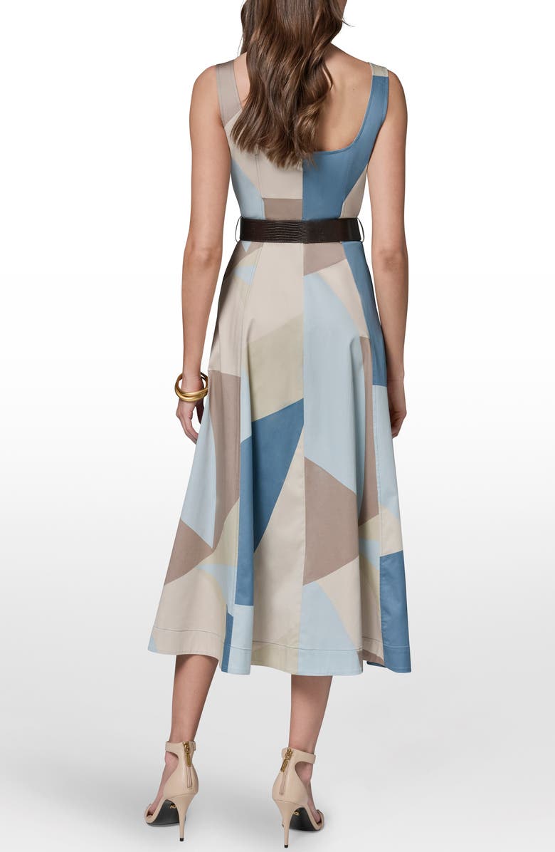 Donna Karan New York Abstract Pleated Sleeveless Belted Stretch Cotton Midi Dress, Alternate, color, Washed Indigo/ Sea Mist Multi