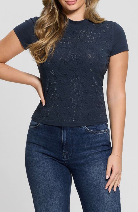 Rhinestone Pattern Mock Neck Organic Cotton Blend Top