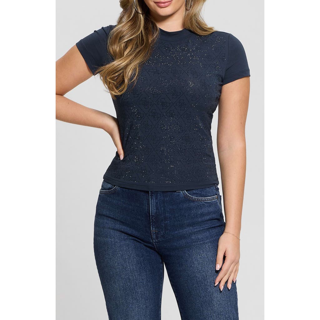 Guess Rhinestone Pattern Mock Neck Organic Cotton Blend Top In Blue