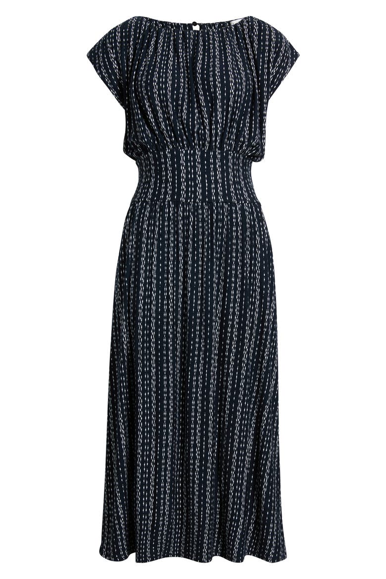 Cap Sleeve Smocked Waist Midi Dress, Alternate, color, NAVY/ IVORY