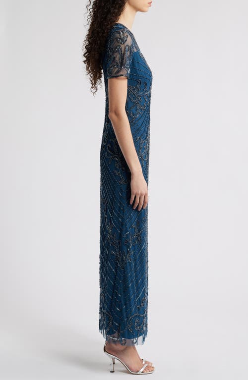 Pisarro Nights Illusion Beaded Mesh Column Gown In Peacock