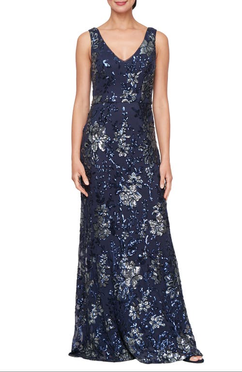 Alex Evenings Sequin Floral A-line Gown In Navy