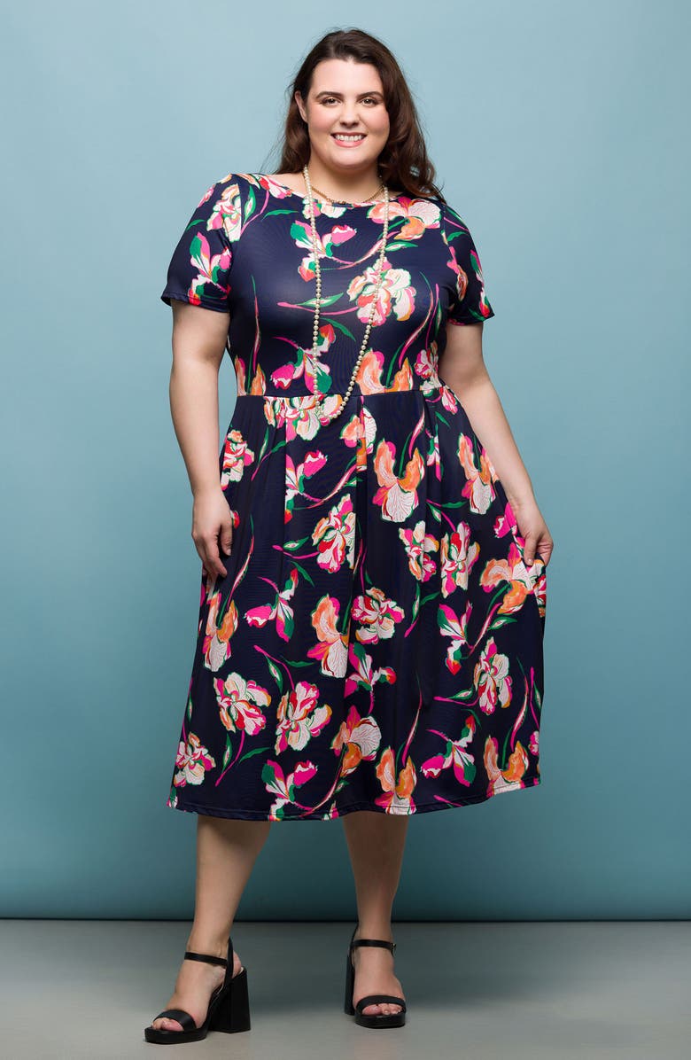 24seven Comfort Apparel Floral Short Sleeve Fit & Flare Midi Dress, Alternate, color, Navy Multi