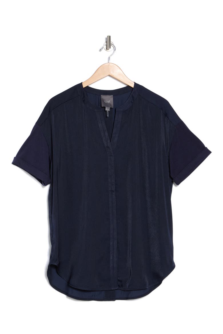 Lyssé Leah Short Sleeve Satin Top, Alternate, color, TRUE NAVY