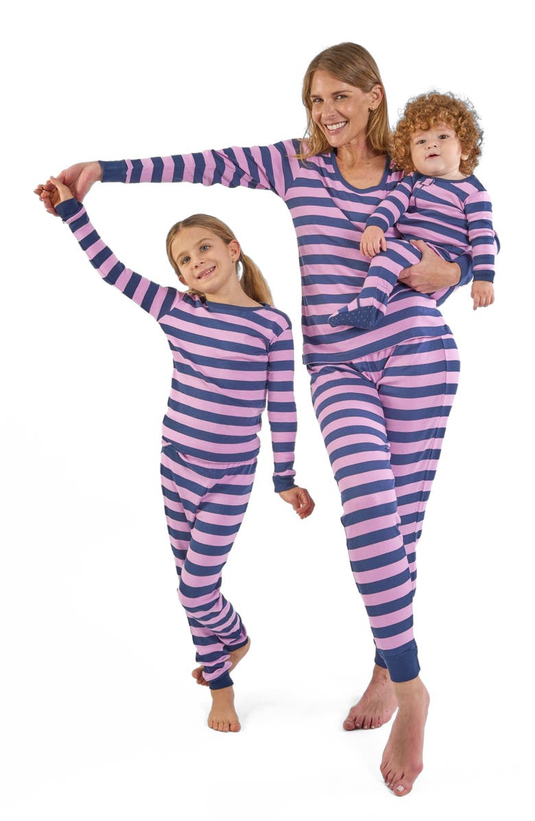 Leveret Footed Striped Cotton Matching Family Pajamas, Alternate, color, Purple 
Navy