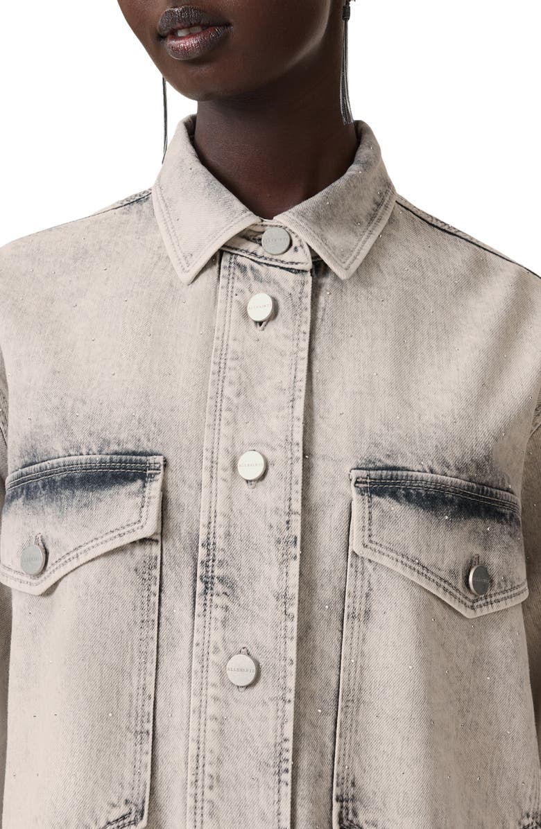 AllSaints Faye Sparkle Embellished Long Sleeve Shacket Minidress, Alternate, color, Snow Grey